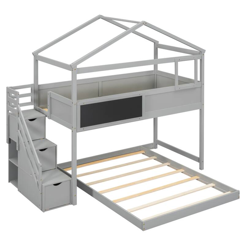 Twin Over Full House Bunk Bed with Built-in Storage and Blackboard - Durable Pine Wood Design