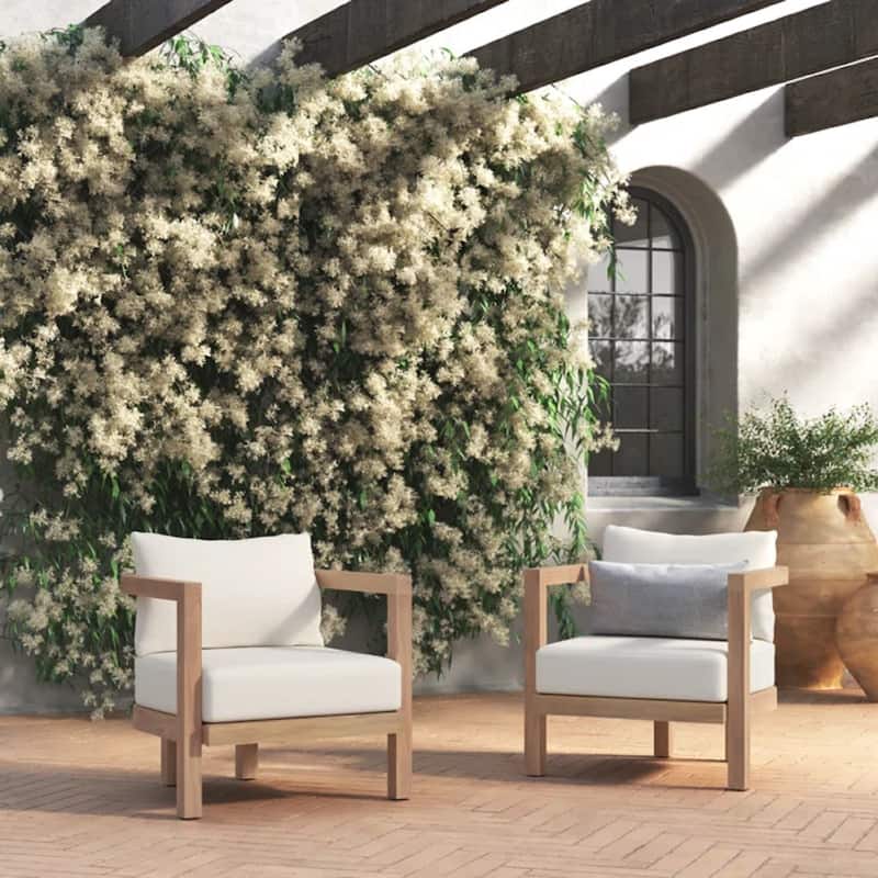 Roomfitters Outdoor Acacia Wood Patio Club Chair, Waterproof Cushions, Wash Finish with Beige Cushions