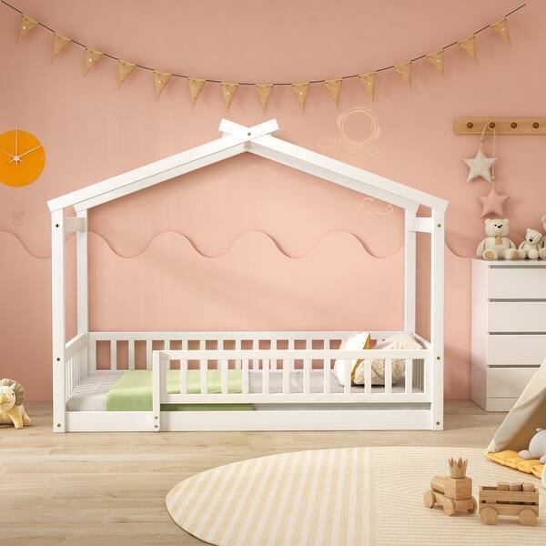 slide 2 of 10, Twin Size Wooden House Bed Frame with Roof and Fence for Kids, Sturdy Pine Construction for Teens and Children Pink