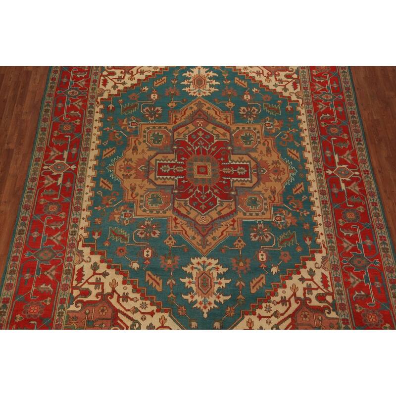 Green Medallion Oushak Indian Large Rug Hand-Knotted Wool Carpet - 9'7"x 13'9"