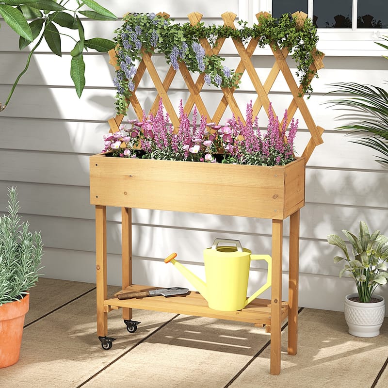 Costway Wood Raised Garden Bed with Trellis Storage Shelf Wheels Liner - See Details