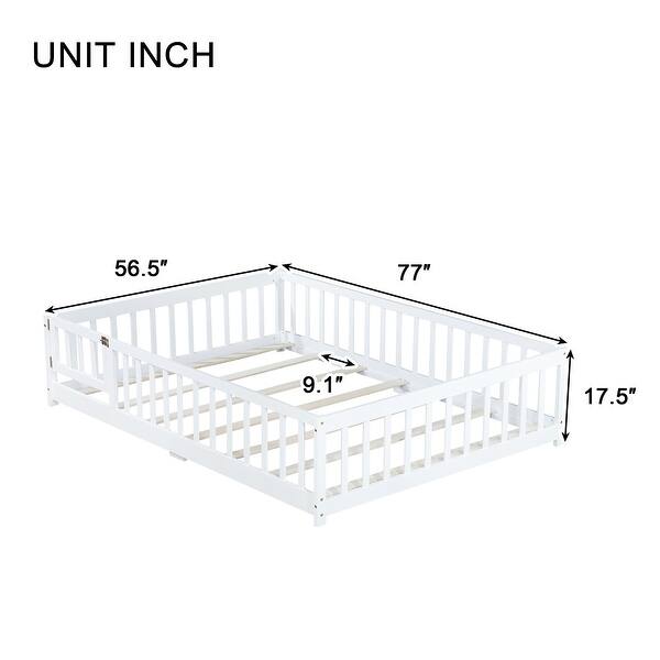 dimension image slide 1 of 4, White Full Size Wooden Floor Bed with Fence & Door, Rubber, Safety Guardrails