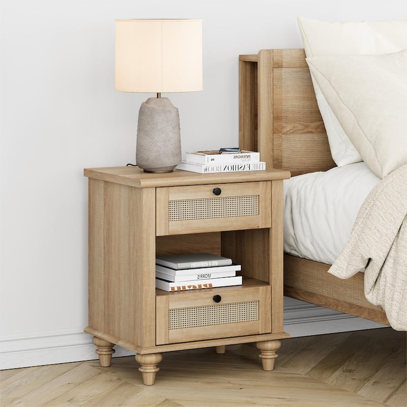 Farmhouse Nightstand Bedside Table, Wood 2-Drawer Side Table