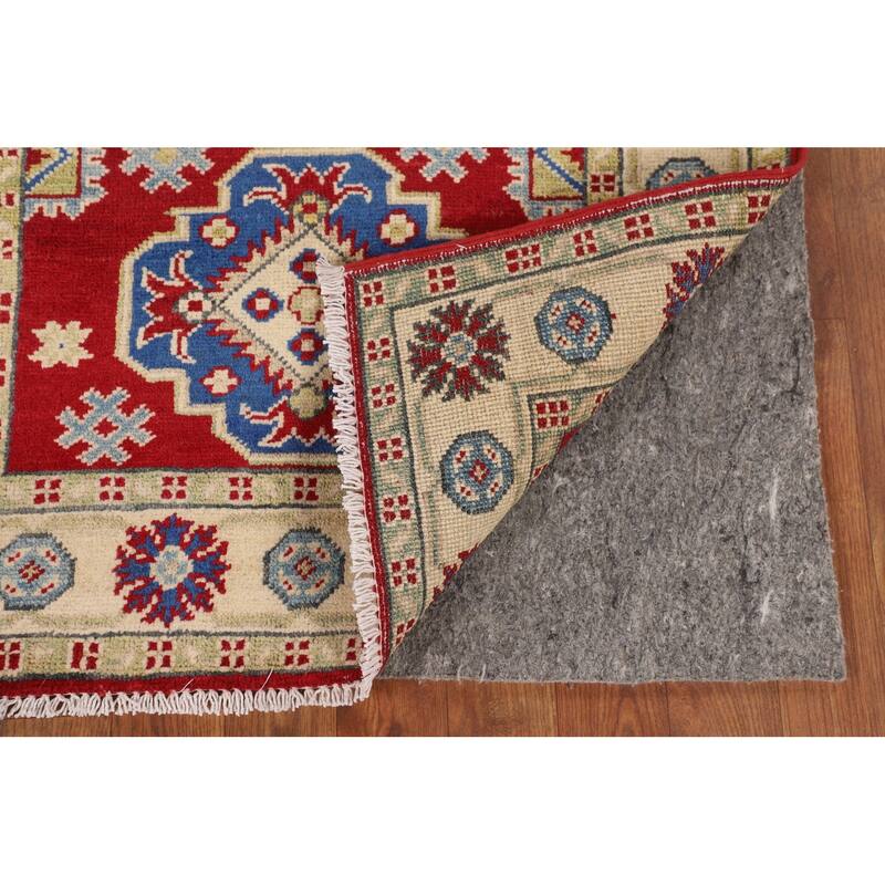 Red Geometric Kazak Oriental Accent Rug Handmade Foyer Wool Carpet - 2'8" x 3'9"