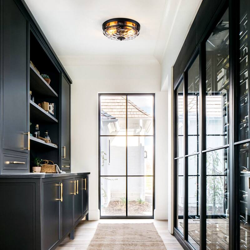 2-Light Modern Industrial Black Dome Clear Water Rippled Glass Flush Mount Ceiling Light - 12.9 in. W x 5.5 in. H