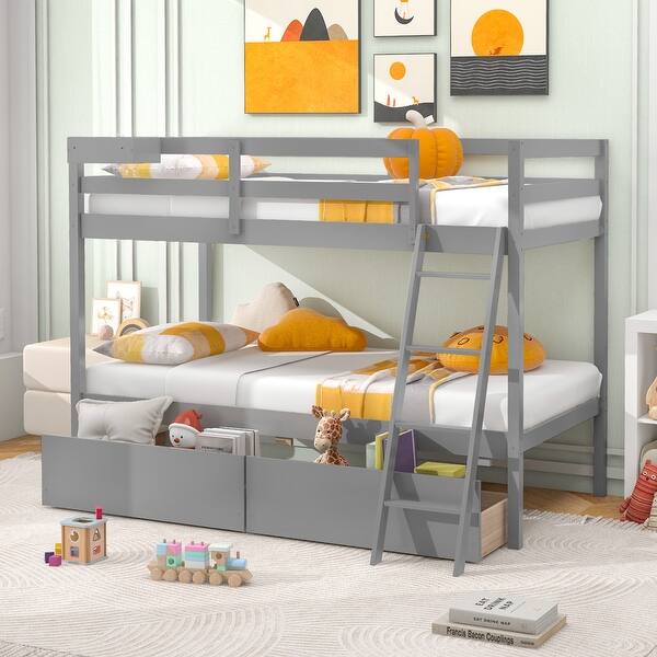 slide 2 of 26, Twin Over Twin Bunk Bed Wood Bed Frame with 2 Storage Drawers and Ladder-Gray Grey