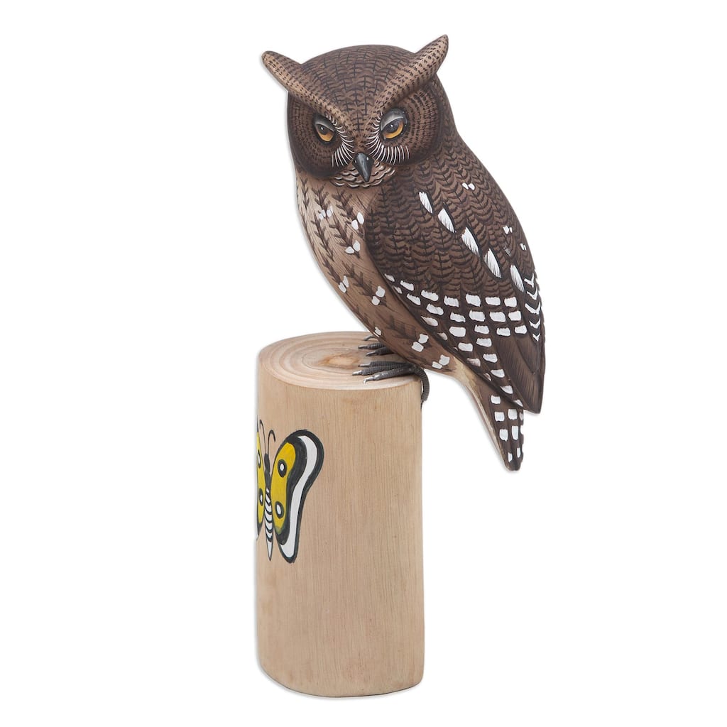 Novica Handmade Owl And Butterfly Wood Sculpture