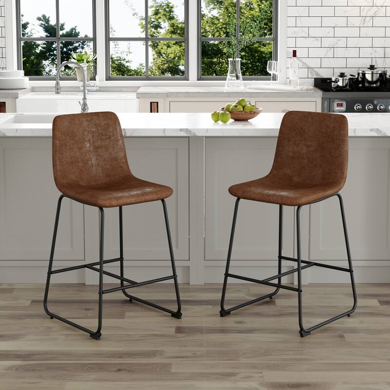 Modern Simple PU Bar Stools Set of 2 with Backrest Footstool with Soft PU Leather Seat for Home, Bar - Brown