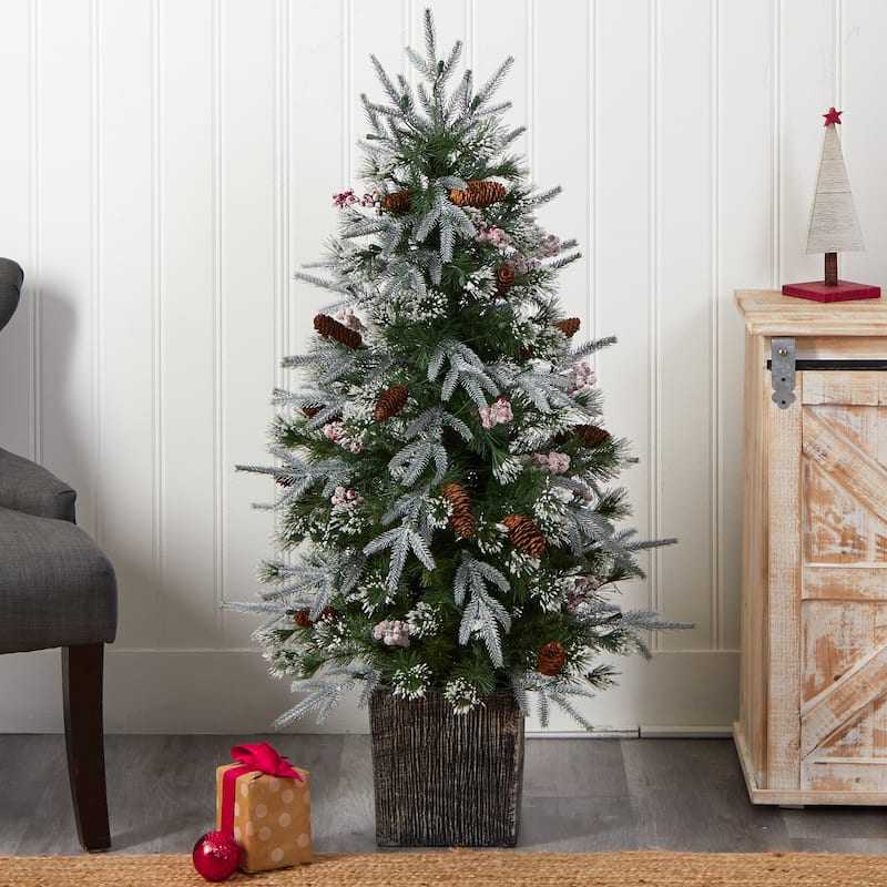 4Ft Frosted Christmas Tree with Lights & Berries - Holiday Decor Indoor Tree in Planter - Green - 48