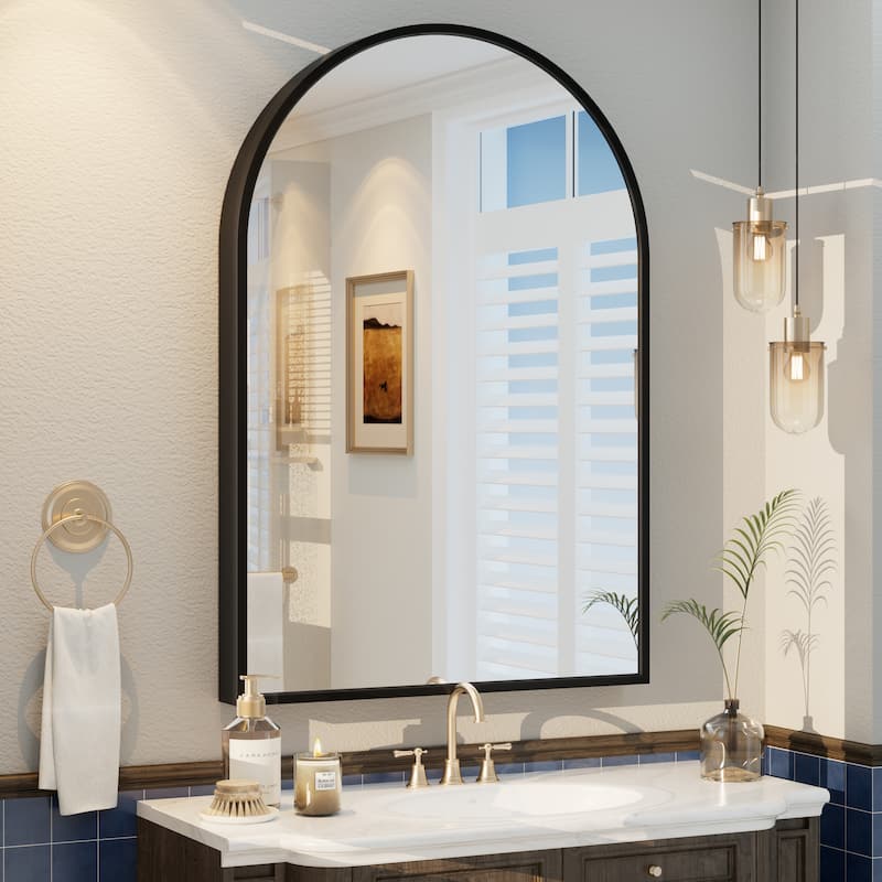 Arched Black Aluminum Alloy Framed French Cleat Mounted Wall Decor Bathroom Vanity Mirror with 5-Year Warranty - 26x38