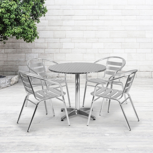 31.5" Round Aluminum Indoor-Outdoor Table Set with 4 Slat Back Chairs. Opens flyout.