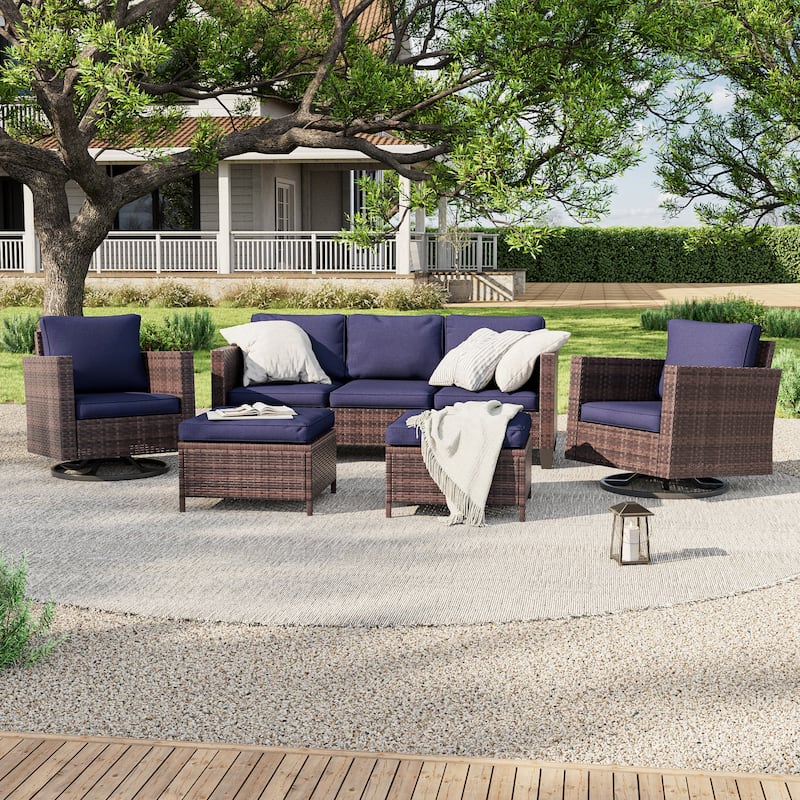 LIVOOSUN 5Pcs Patio Brown Rattan Outdoor Furniture Swivel Rocking Sofa Set