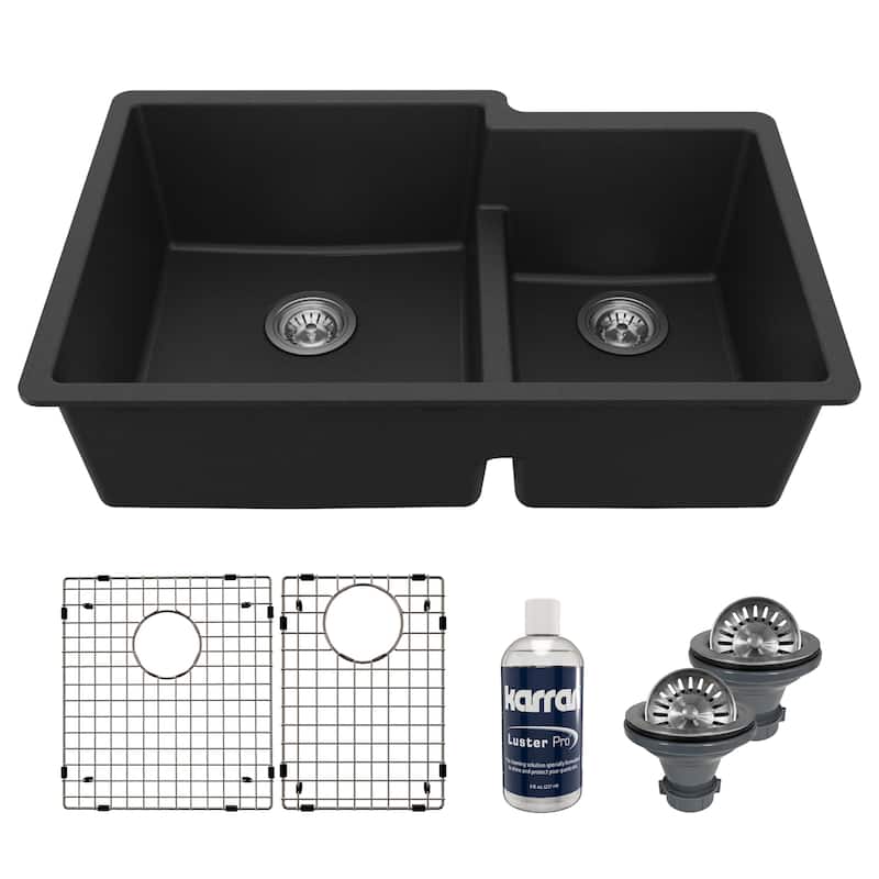 Karran 32" Undermount Large/Small Bowl Quartz Kitchen Sink Kit - 32" x 21.25" x 9" - Black