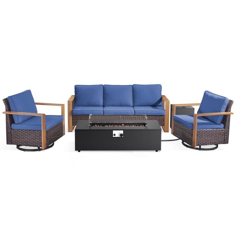 Meyreso Wicker Outdoor Patio Fire Pit Set with Swivel Gliders & 4.5-Inch Olefin Cushions