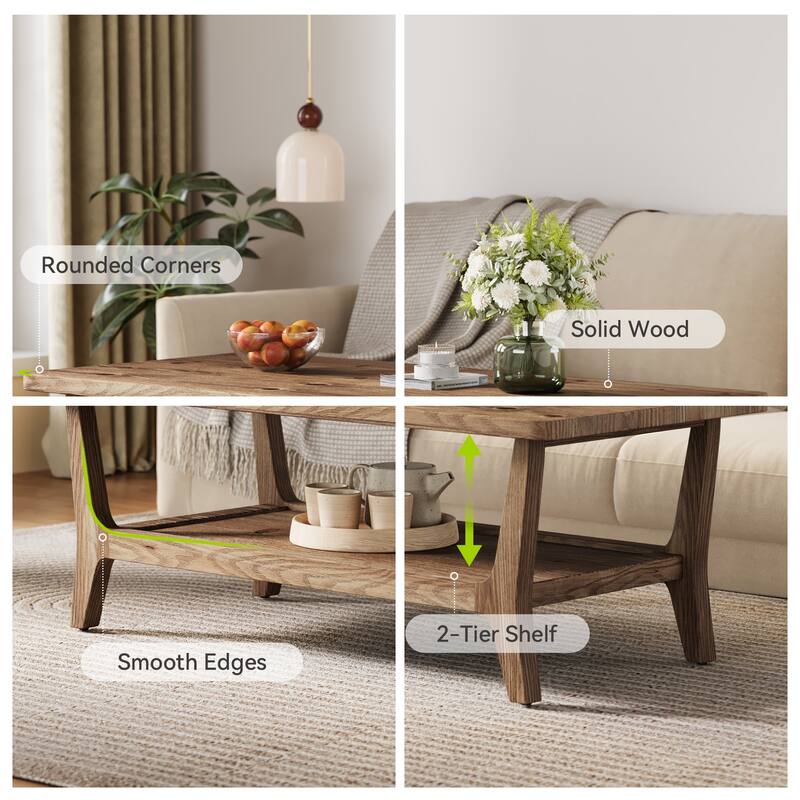 47'' Solid Wood Coffee Table with Open Storage Shelf, Mid-Century Rectangle Center Table