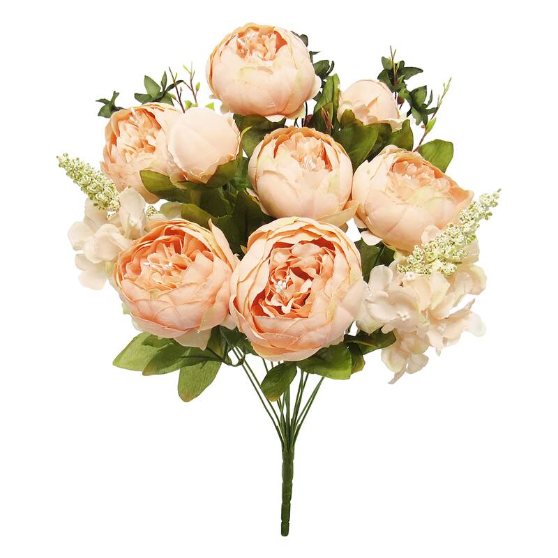 Artificial Mixed Peony Hydrangea Flower Stem Bush Bouquet 19in - 19" L x 11" W x 11" DP - Blush Peach