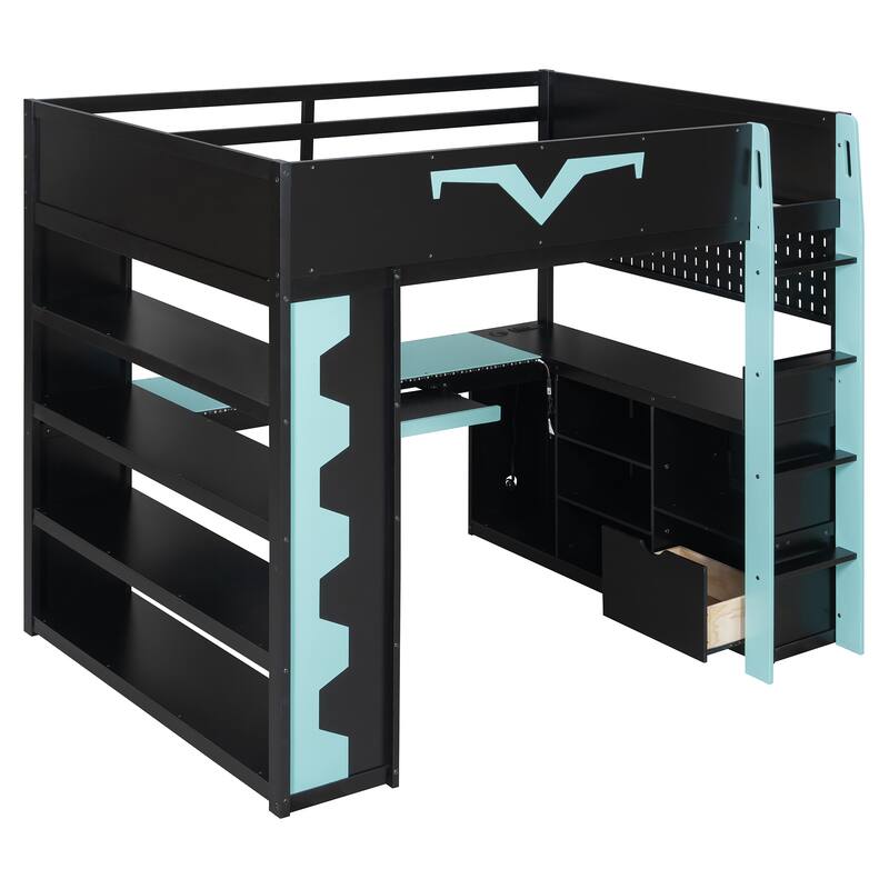 Full Size Gaming Loft Bed with Desk & RGB LED Lights, Pro-Gamer Setup with Pegboard, Keyboard Tray & Storage