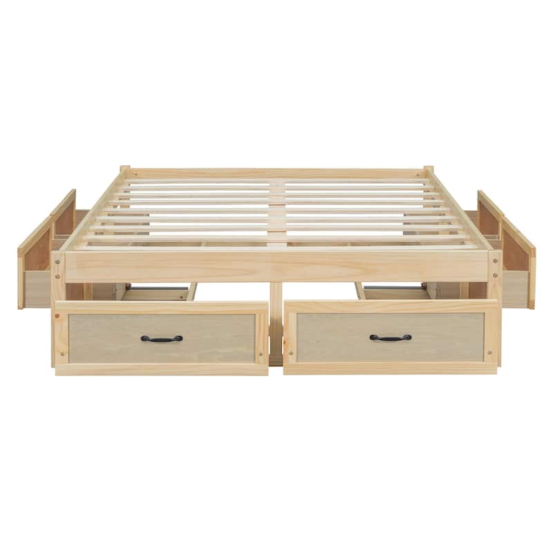 Full/Queen Size Platform Bed without Headboard, Wooden Storage Platform Bed Frame with 6 Drawers, Wood Slats Support