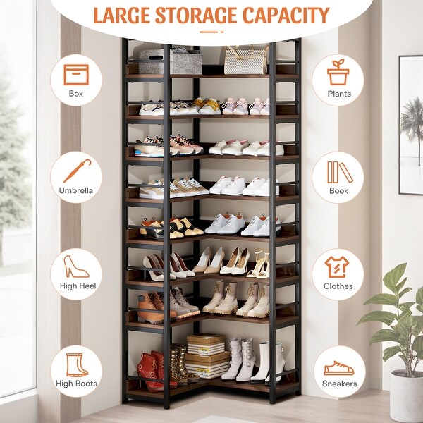 9-Tier Corner Shoe Rack, Freestanding Shoe Storage Shelf - Bed