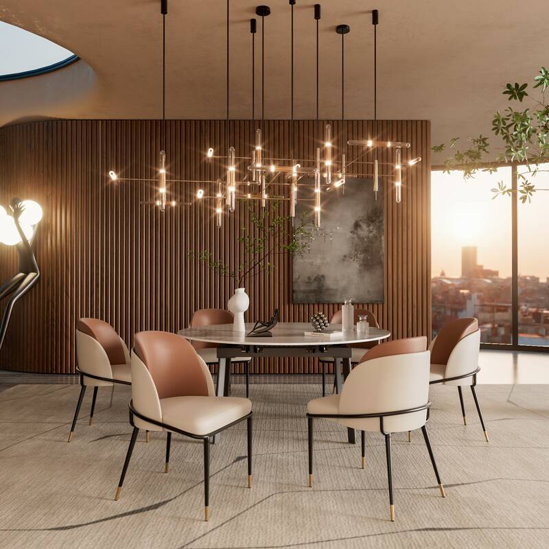 Set of 2 Kitchen Leather Two Toned Leisure Upholstered Seat Dining Room Chairs with Metal Legs