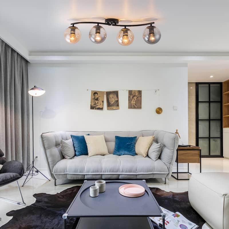 4 Lights Linear Metal Flush Mount Ceiling Light with Smoky and Amber Glass Globes - Dia.31.89-in