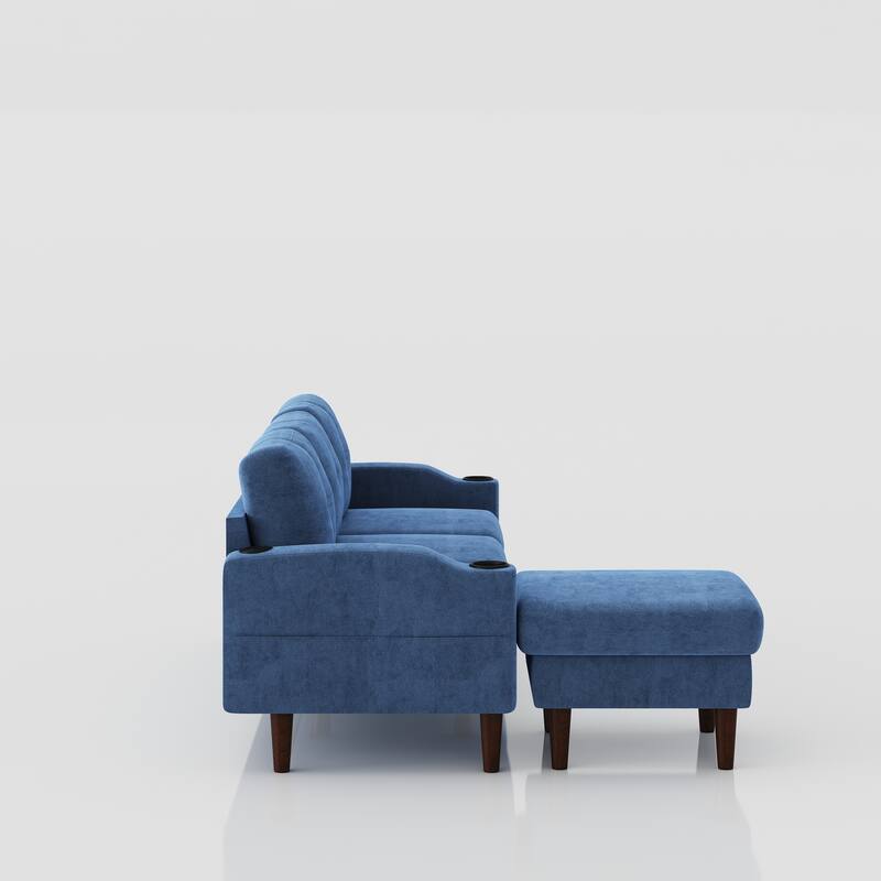 Blue 78.74'' Fabric L-Shaped 3-Seater Sofa with Storage Ottoman, USB Port, and Cup Holder