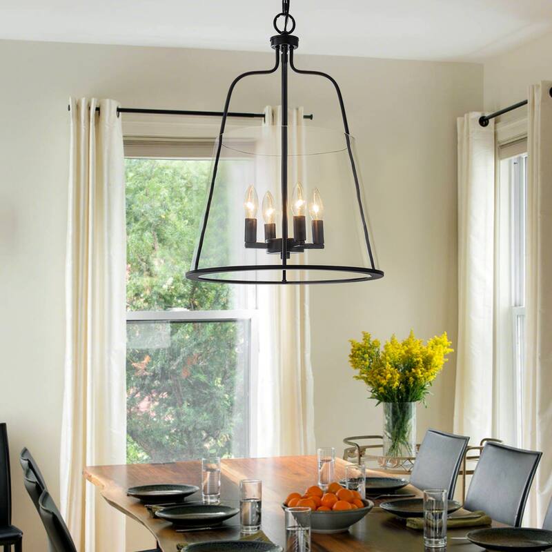 Industrial 4-Light Black Lantern Glass Pendant Light