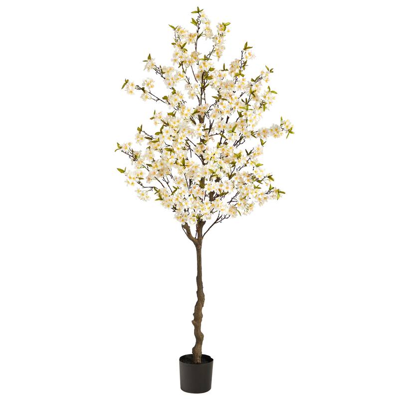 Artificial Apple Flower Tree - 6.5ft Indoor Decorative Tree with Realistic White Blooms - Green - 41-50 Inches