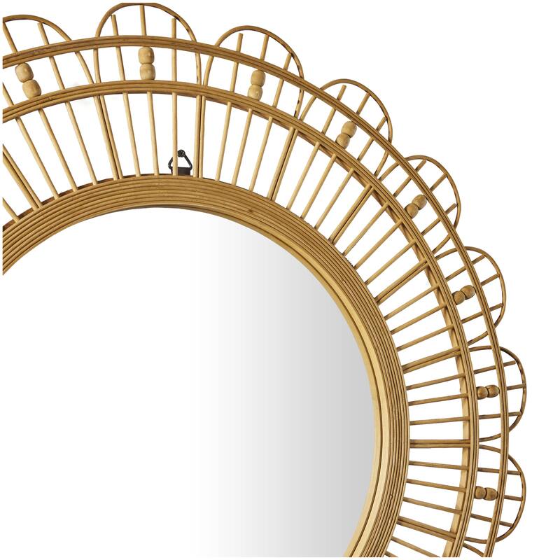 Bamboo Wood Floral Handmade Woven Wall Mirror with Beaded Accents - Brown - Roche River Decor