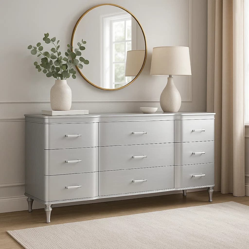 Eleena 6 Drawer Wide Dresser, Silver Solid Wood Frame, Acrylic Handles