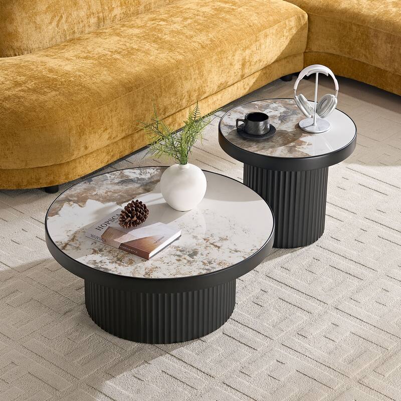 Set of 2 Coffee Table,MDF Round Coffee Table Sintered Stone Tabletop for Living Room