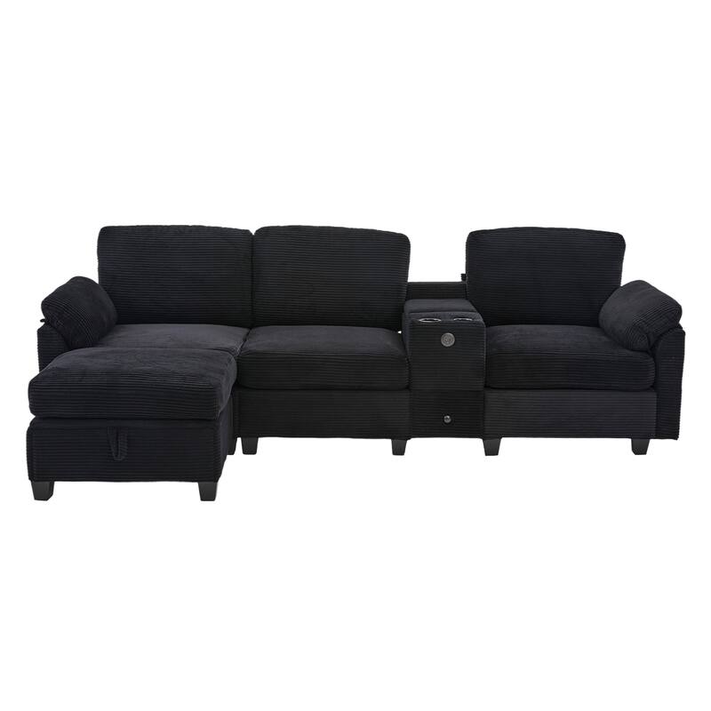 HOMEFUN Corduroy Upholstered L-Shaped 4-seater Storage Multifunctional Sectional Sofa with Storage Ottoman,Cup Holder and USB