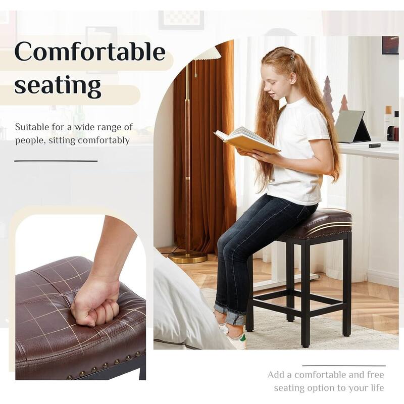 24 in. H Upholated PU Leather Thick Saddle Seat Counter Bar Stools Set of 2, Kitchen Chairs with Metal Base