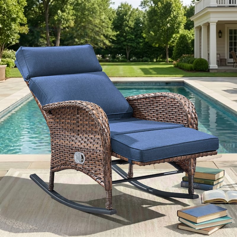 Pocassy Versatile Outdoor Recliner Rocker Chair with Thick Cushion - Brown Wicker with Blue Cushion - 1-Piece Rocker Recliner Chair