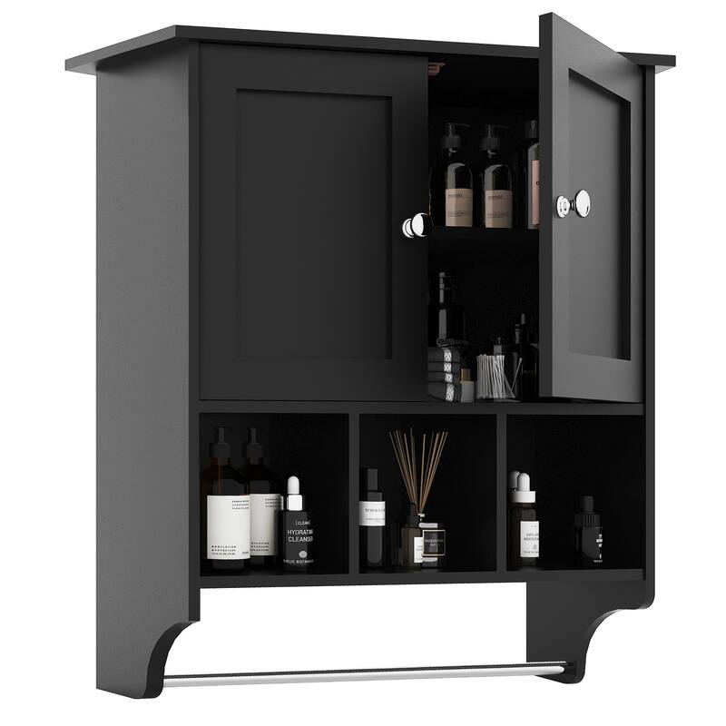 Anmytek Wall Mounted Storage Cabinet Black Modern Kitchen Bathroom Organizer with Hanging Bar