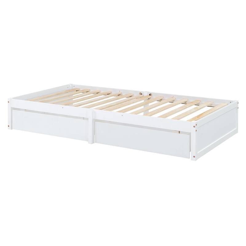 Pine Wood Daybed Floor Bed Frame with Fence Guardrails and 2 Drawers, Converts into Two Individual Beds, No Box Spring Needed
