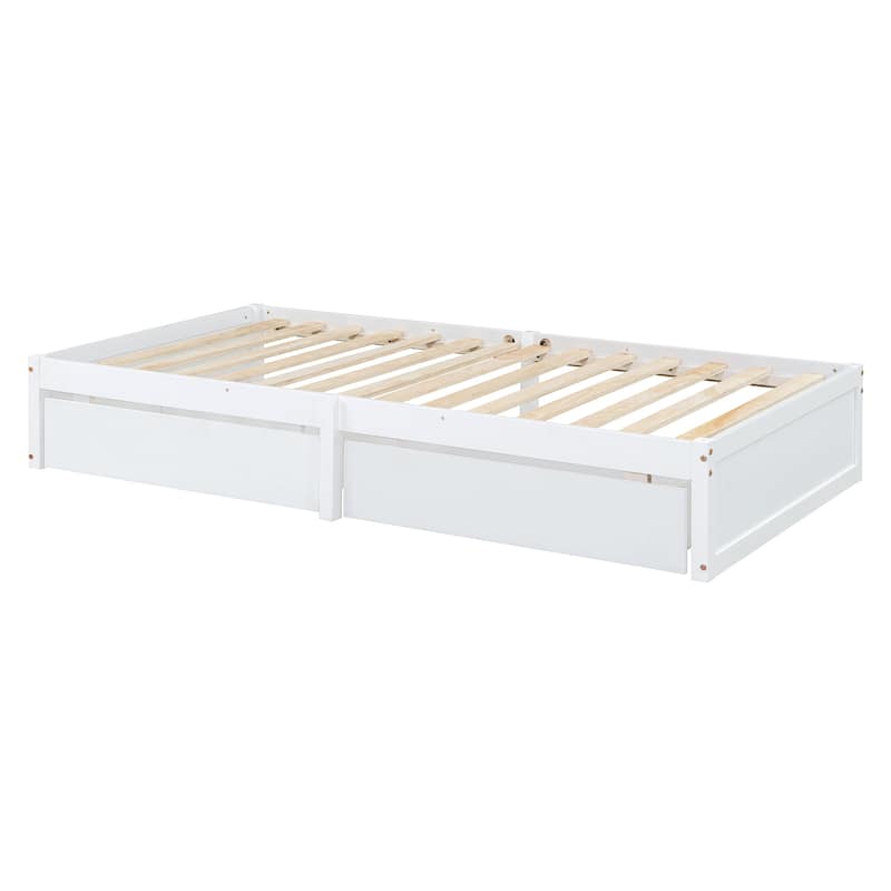 Twin Size Wood Daybed with Fence Guardrails and 2 Drawers, Split into Independent Floor Bed & Daybed, White