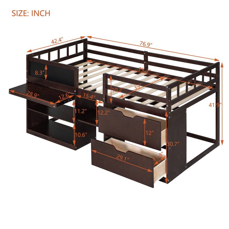 Twin Size Low Loft Bed with Rolling Desk, Shelf, and Drawers in Espresso
