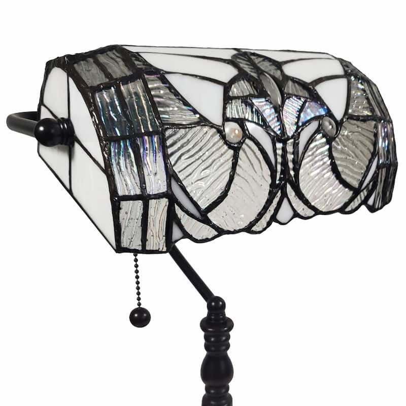 Dark Brown Resin Table Lamp with White Silver-Stained Glass Shade - 11” x 13” x 16” (D x W x H)