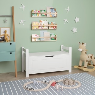 Kids Toy Box Chest,White Rubber Wood Toy Box for Boys Girls, Large Storage Cabinet with Flip-Top Lid/Safety Hinge