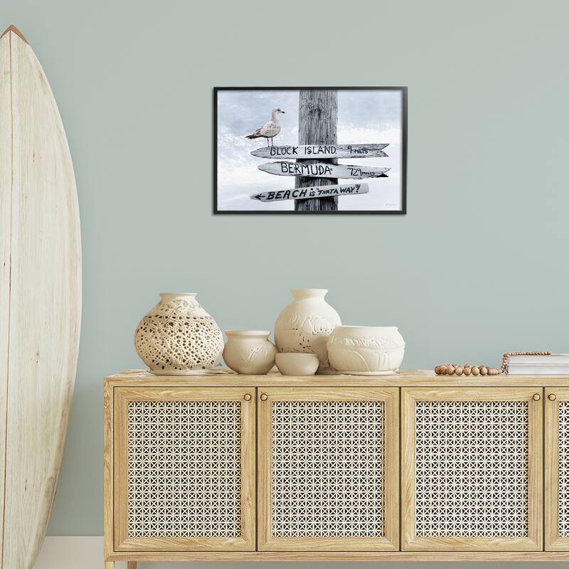 Stupell Vacation Beach Signs with Seagull Framed Giclee Art Design By Robin-Lee Viera
