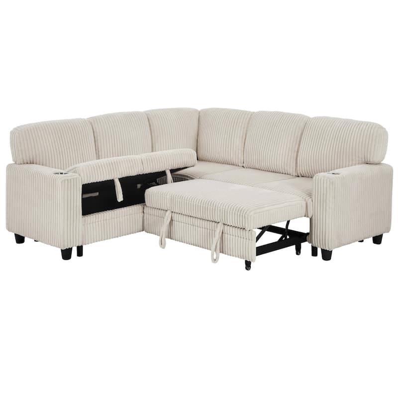 81" L-Shaped Corduroy Sectional Sofa with Pull-Out Bed