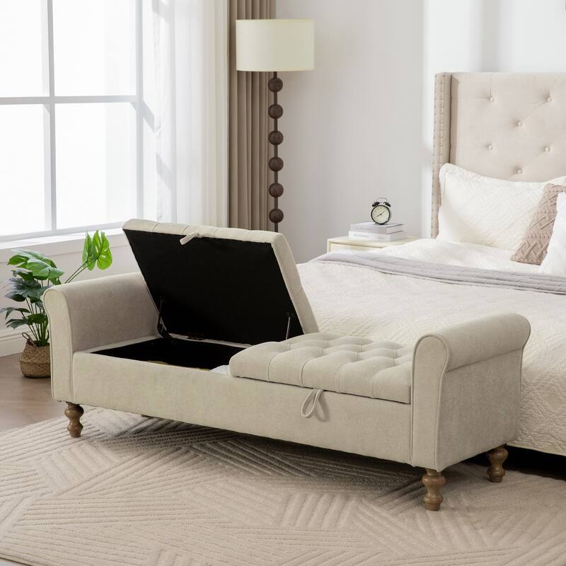 End of Bed Bench Griege Storage Bench with Armrests, Rustic Upholstered Bench Indoor Bench Window Bench