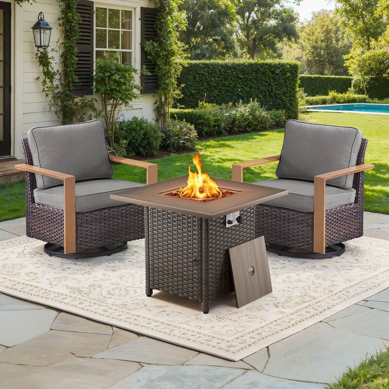 Meyreso 3-Piece Wicker Swivel Glider Fire Pit Set with Plush 4.5" Olefin Cushions