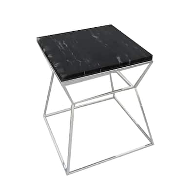 18 in. Black and Silver Rectangle Faux Marble End Table, Durable Hourglass Frame
