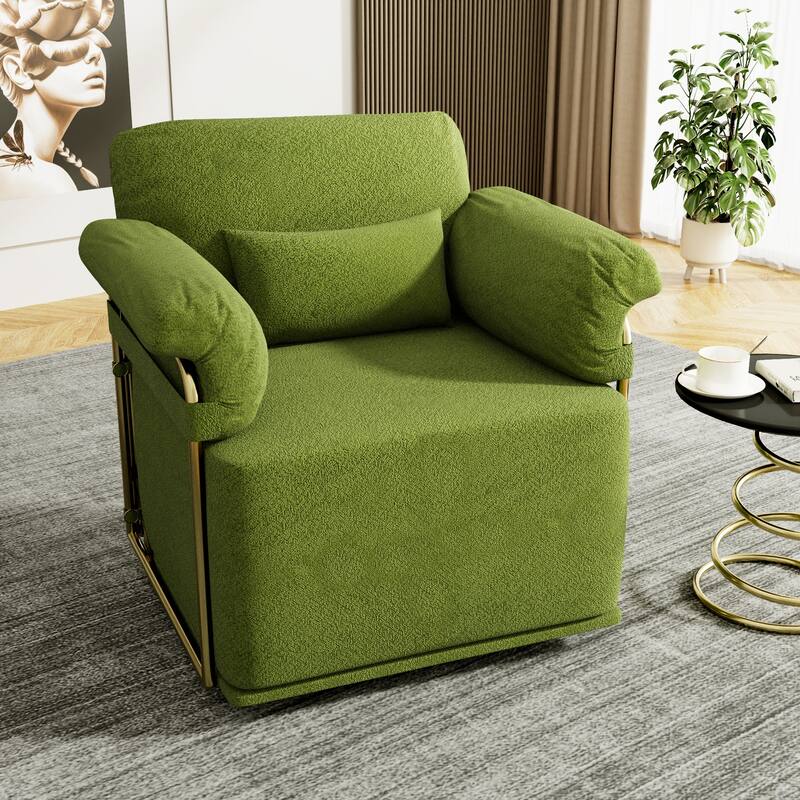Swivel Accent Chair 360 Degree Rotating Upholstered Lounge Chair with Gold Legs Fluffy Fabric Armchair - Green