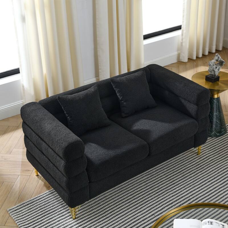Oversized Loveseat Sofa with 2 Lumbar Pillows, Teddy Fabric Upholstered 2 Seater Sofa, Lounge Sofa with Metal Legs