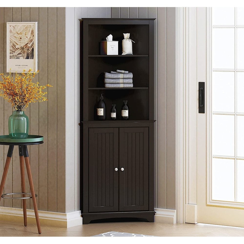 Stockholm Slim Storage Cabinet Oak-Colored - Freestanding 2-Door Linen Tower with 2-Tier Shelf