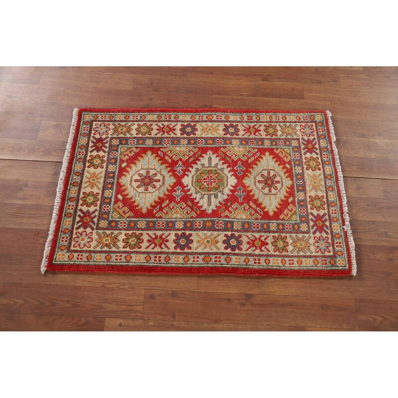 Geometric Kazak Oriental Foyer Rug Handmade Red Wool Carpet - 2'0" x 2'11"