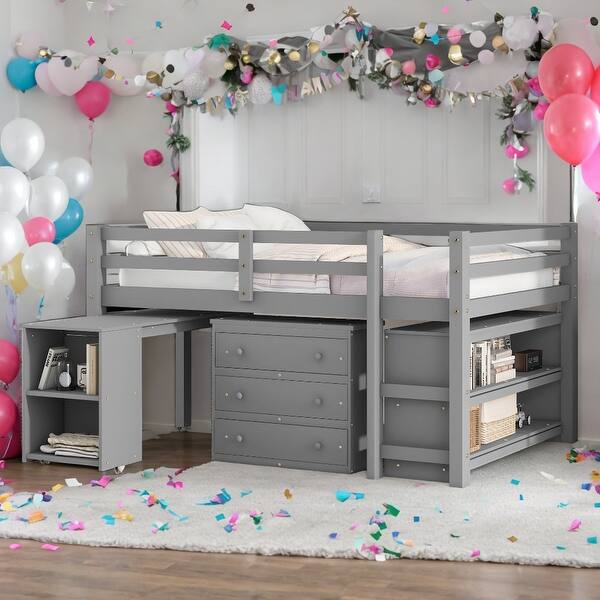 slide 2 of 9, Full Size Loft Bed With Cabinet,Shelves And Rolling Portable Desk Grey